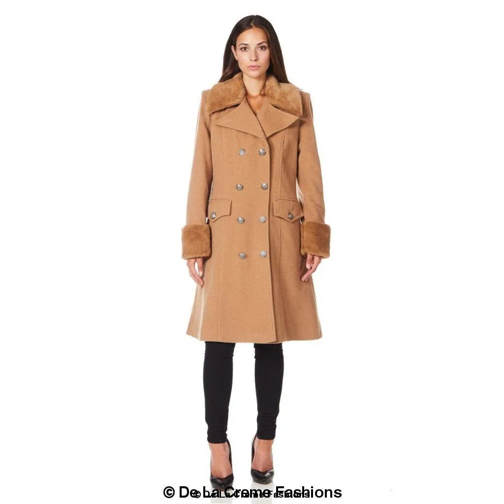 De La Creme - Womens Wool Blend Faux Fur Trim Midi Coat