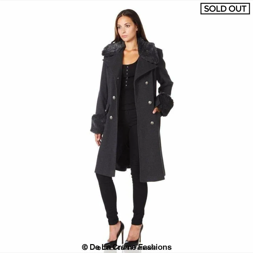 De La Creme - Womens Wool Blend Faux Fur Trim Midi Coat