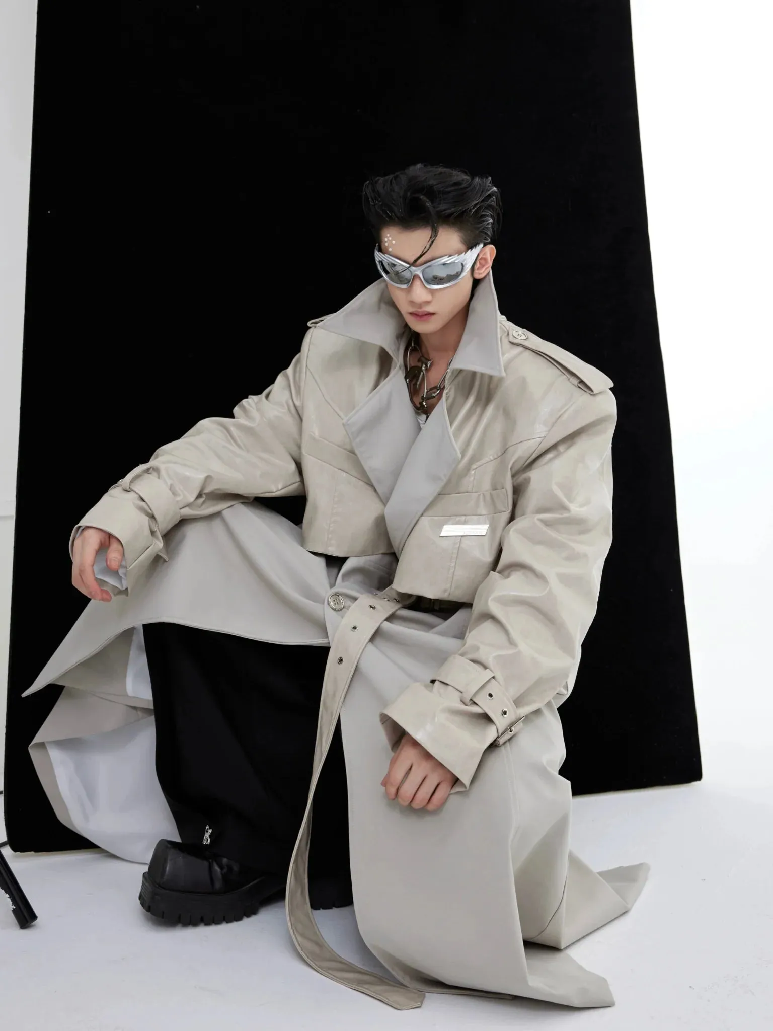 Deconstructed Faux Leather Overcoat | Designer Patchwork Trench