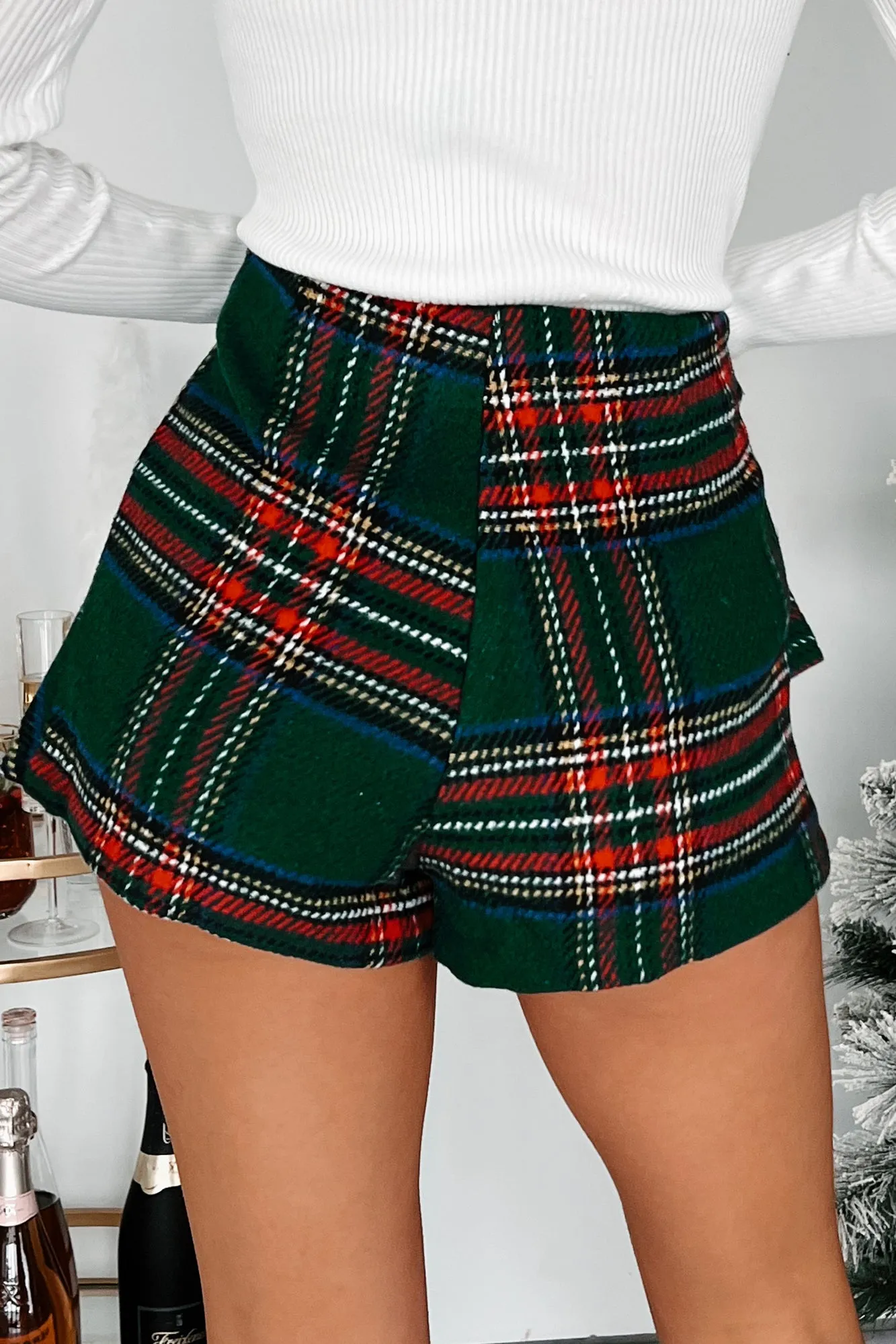 Embrace The Season Asymmetric Plaid Mini Skort (Green)