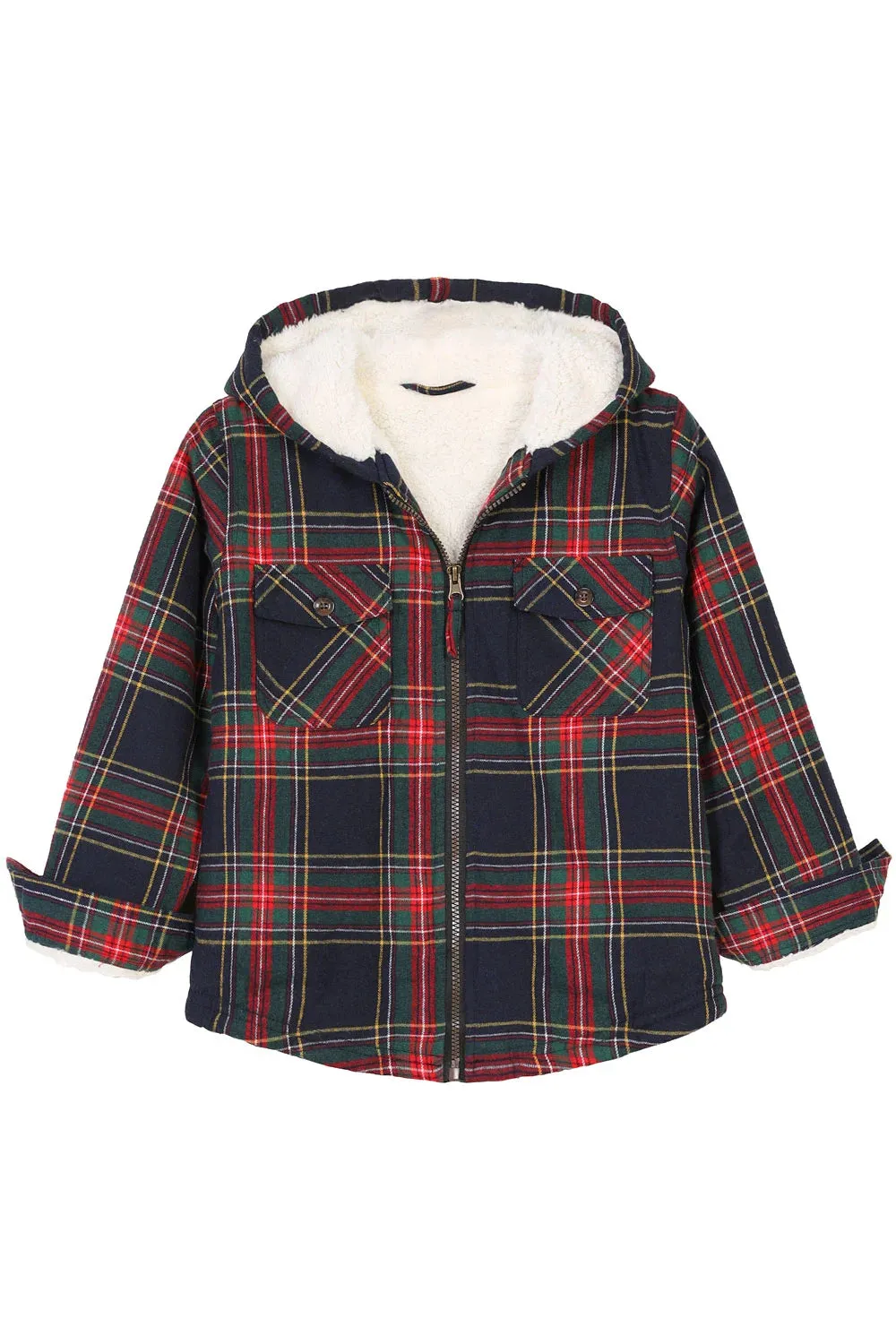 Girls Sherpa Lined Full Zip Plaid Flannel Shirt, Hooded Flannel Jacket