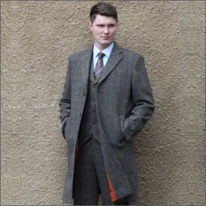 Harris Tweed Brown Blue Herringbone Overcoat--