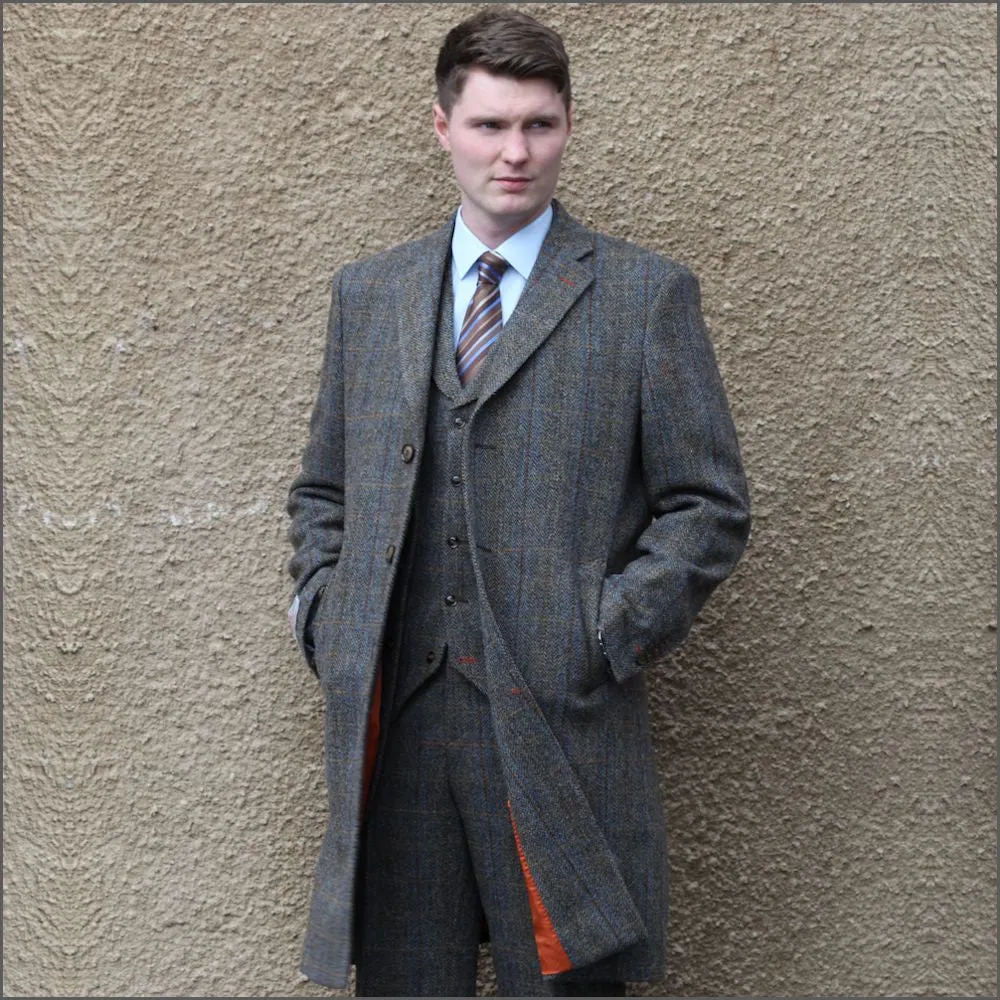 Harris Tweed Brown Blue Herringbone Overcoat--