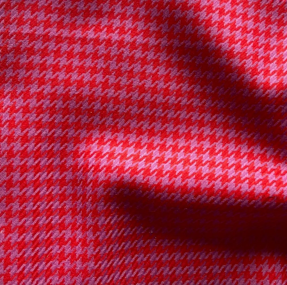 High-End Lilac & Candy Red Houndstooth Wool Twill (Made in Italy)