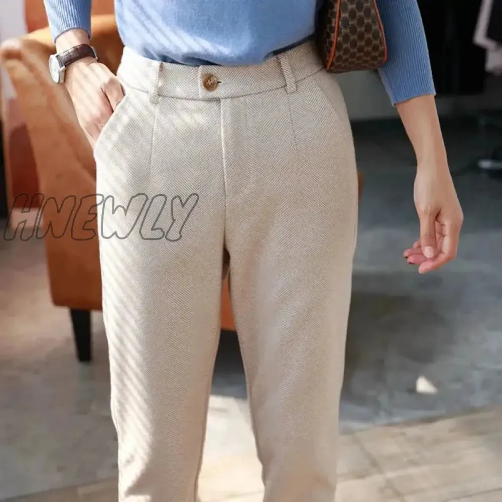 Hnewly Woolen Pants Women's Harem Pencil Pants Autumn Winter High Waisted Casual Suit Pants Office Lady Women Trousers