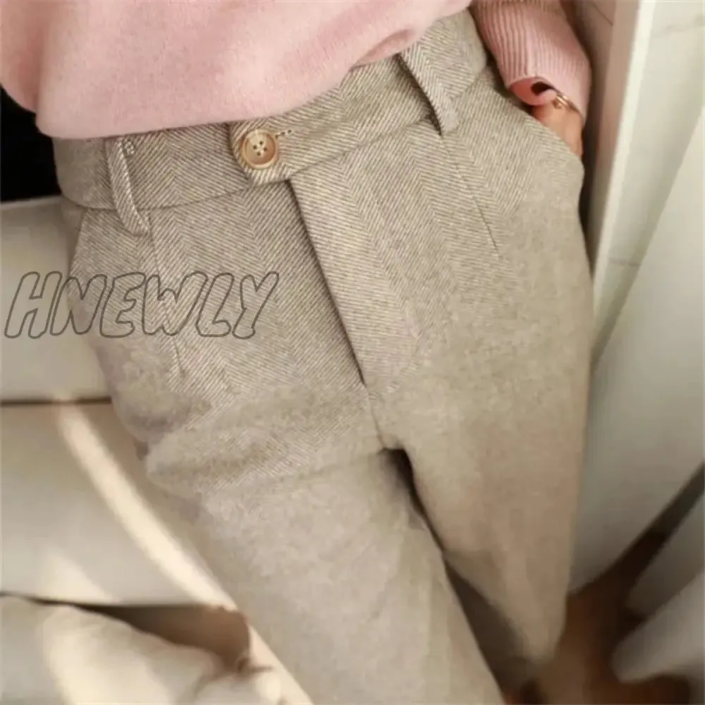 Hnewly Woolen Pants Women's Harem Pencil Pants Autumn Winter High Waisted Casual Suit Pants Office Lady Women Trousers