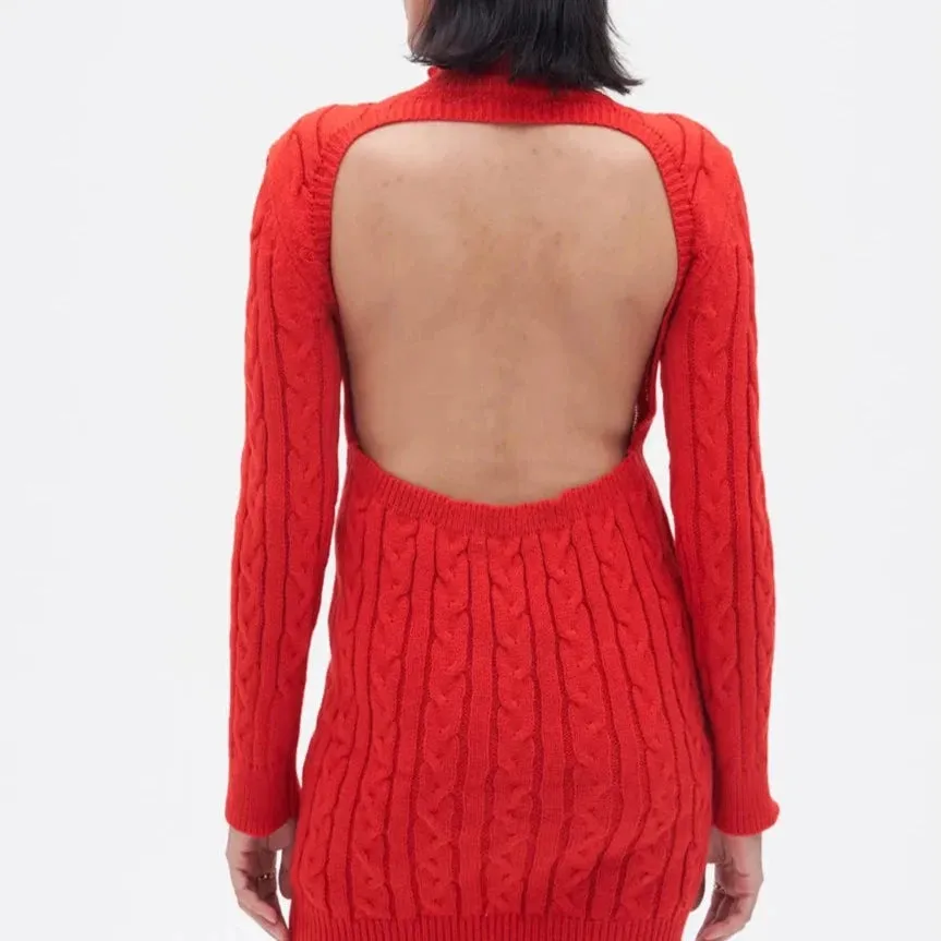 Ingrid Open Back Cable Knit Sweater Mini Dress