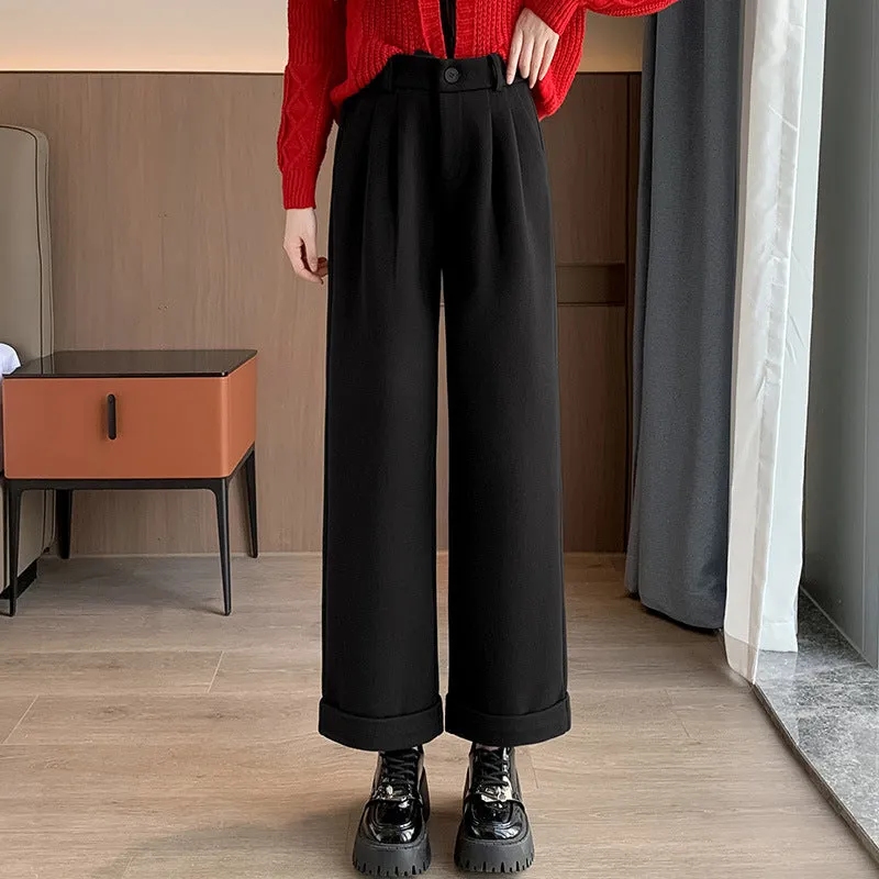 Lanfubeisi datenight fall outfits Casual Starry Sky Twill Woolen Flanging Small Straight Elastic Waist Women's Walking Fashionable Autumn Trousers