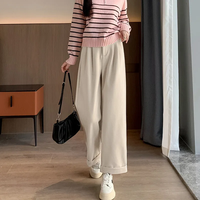 Lanfubeisi datenight fall outfits Casual Starry Sky Twill Woolen Flanging Small Straight Elastic Waist Women's Walking Fashionable Autumn Trousers