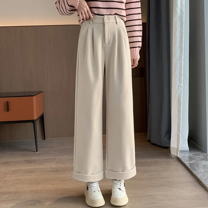 Lanfubeisi datenight fall outfits Casual Starry Sky Twill Woolen Flanging Small Straight Elastic Waist Women's Walking Fashionable Autumn Trousers