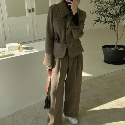 LANFUBEISI Set Women Autumn French Retro Temperament Lapel Herringbone Woolen Coat High Waist Pleated Loose Slacks Trousers