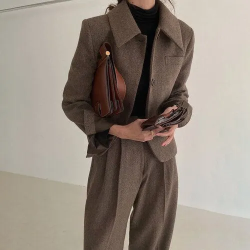 LANFUBEISI Set Women Autumn French Retro Temperament Lapel Herringbone Woolen Coat High Waist Pleated Loose Slacks Trousers