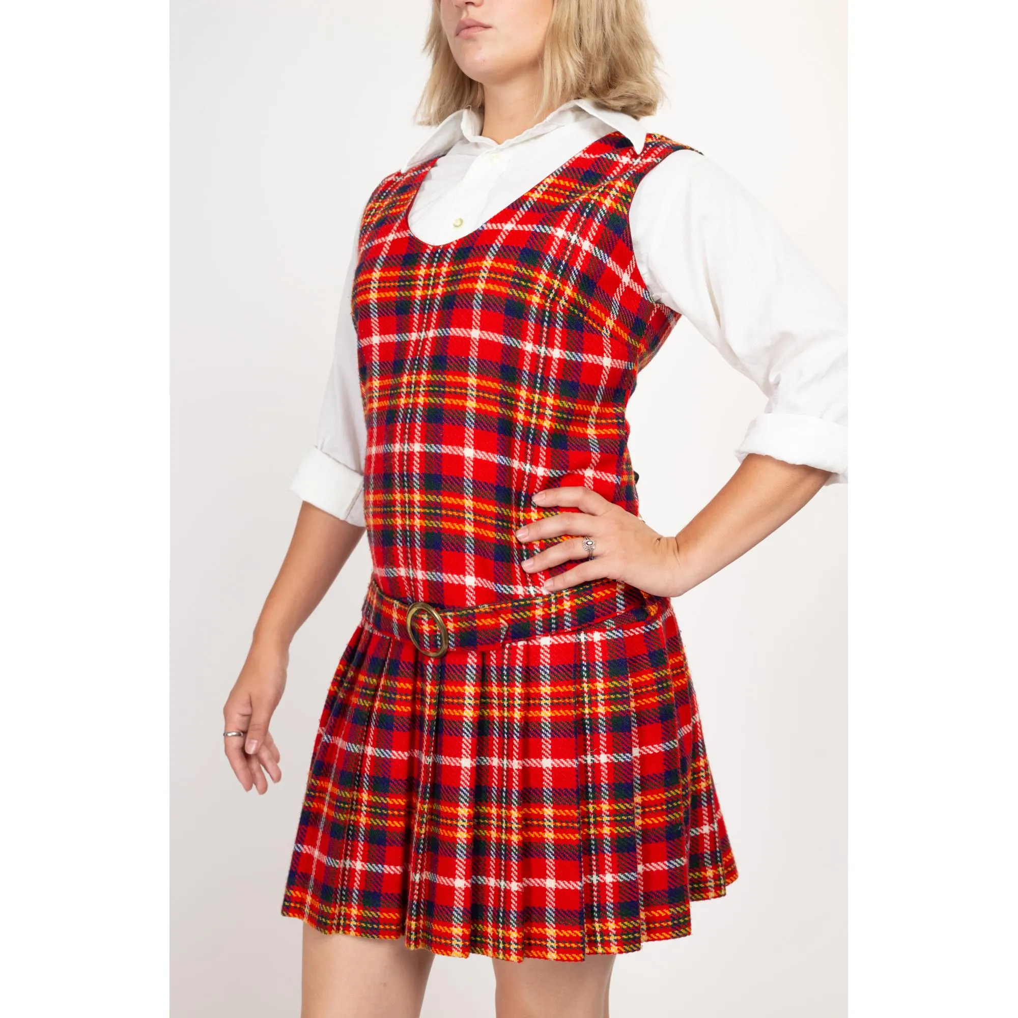 Large 60s Red Plaid Drop Waist Schoolgirl Dress