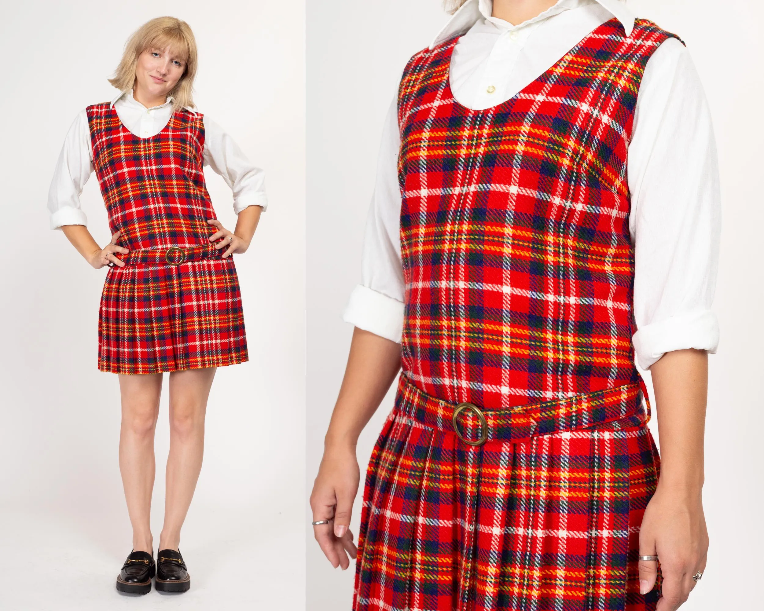 Large 60s Red Plaid Drop Waist Schoolgirl Dress