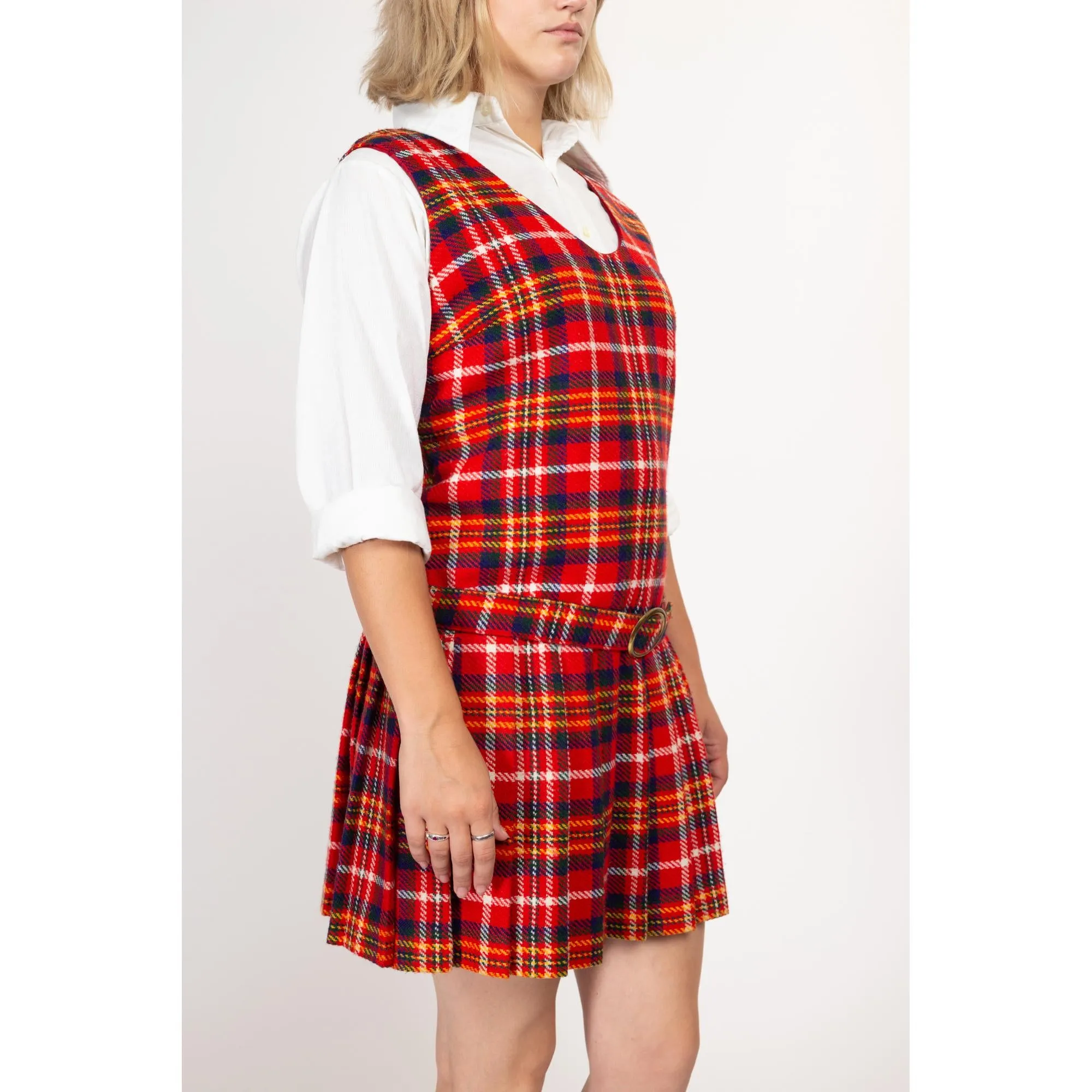 Large 60s Red Plaid Drop Waist Schoolgirl Dress