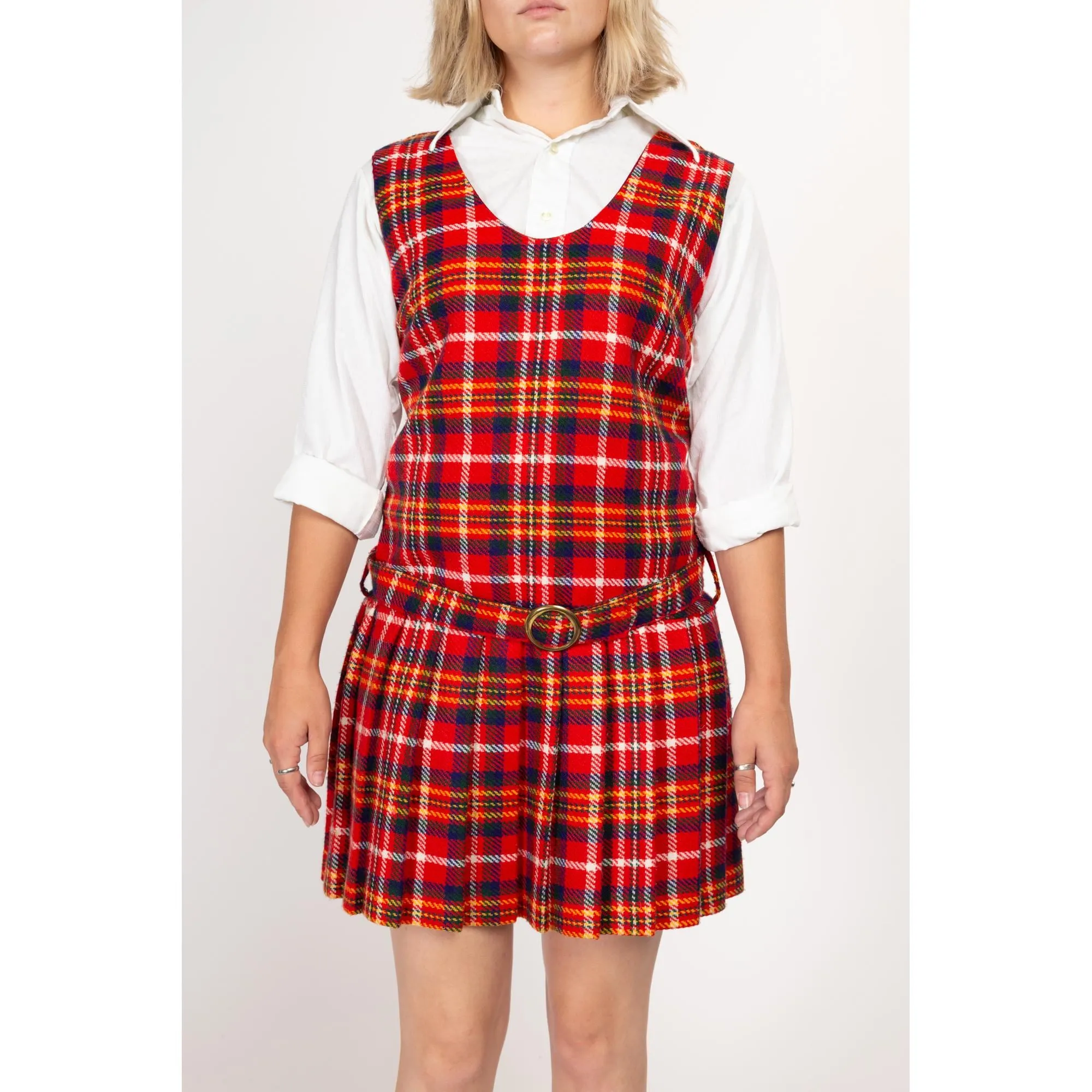 Large 60s Red Plaid Drop Waist Schoolgirl Dress