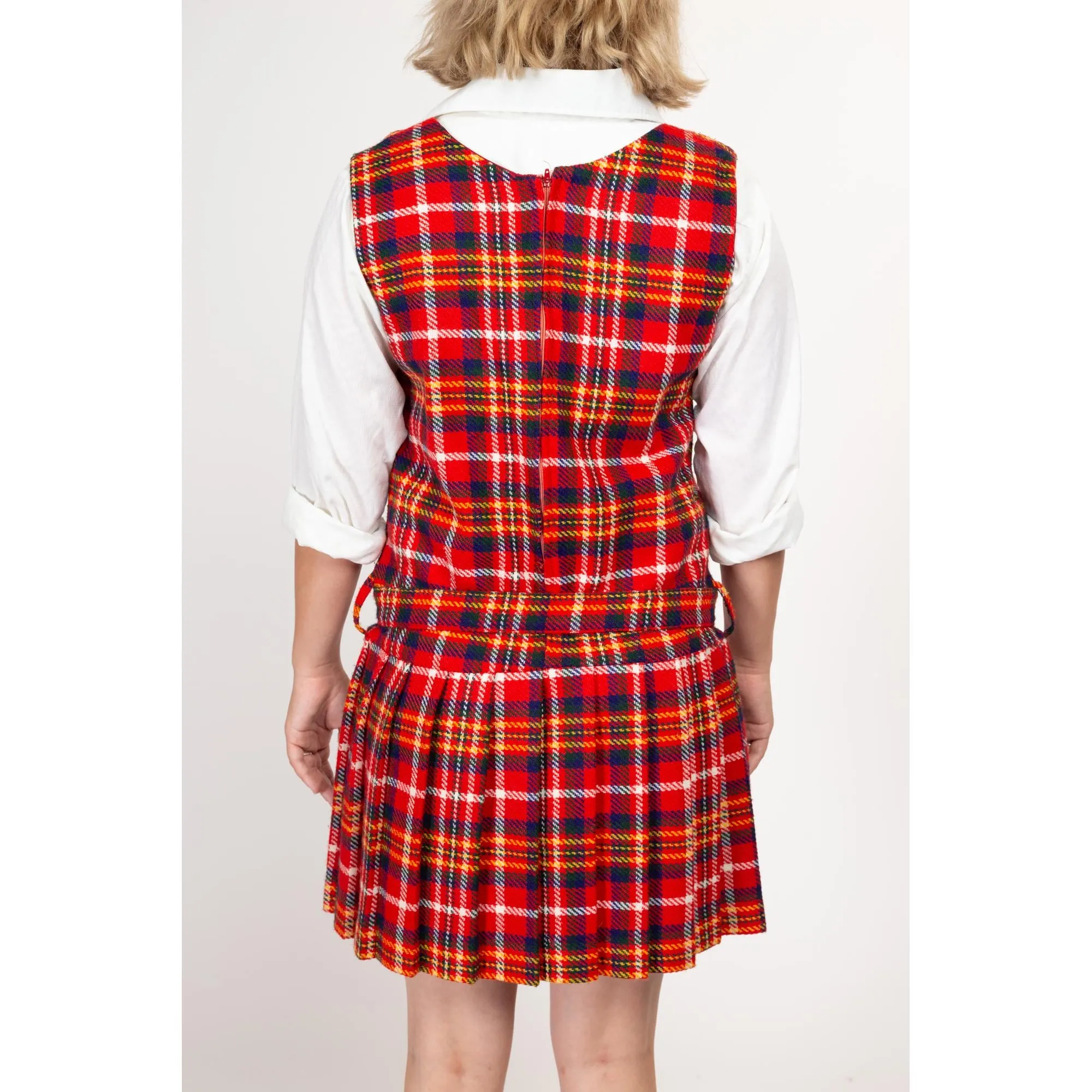 Large 60s Red Plaid Drop Waist Schoolgirl Dress