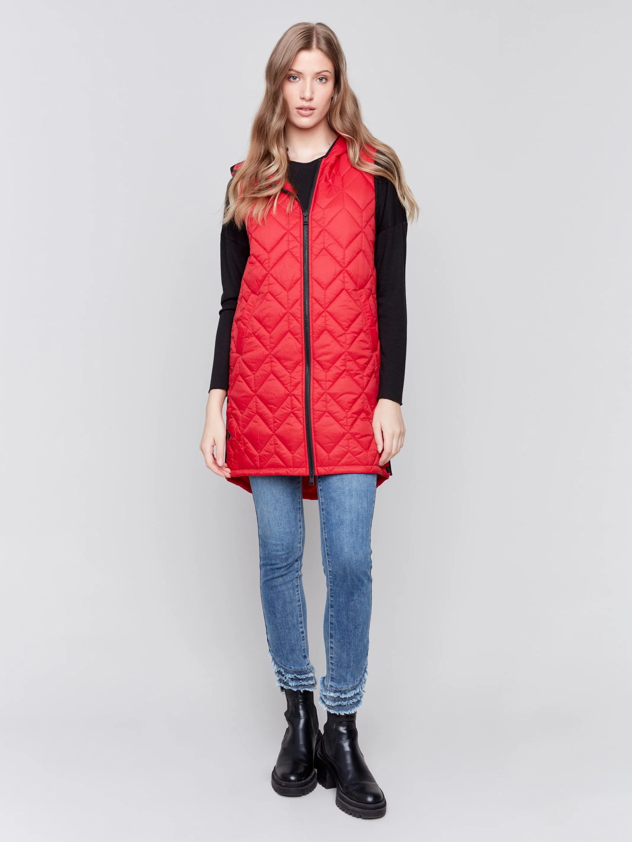 Long Quilted Puffer Vest with Hood - Cranberry