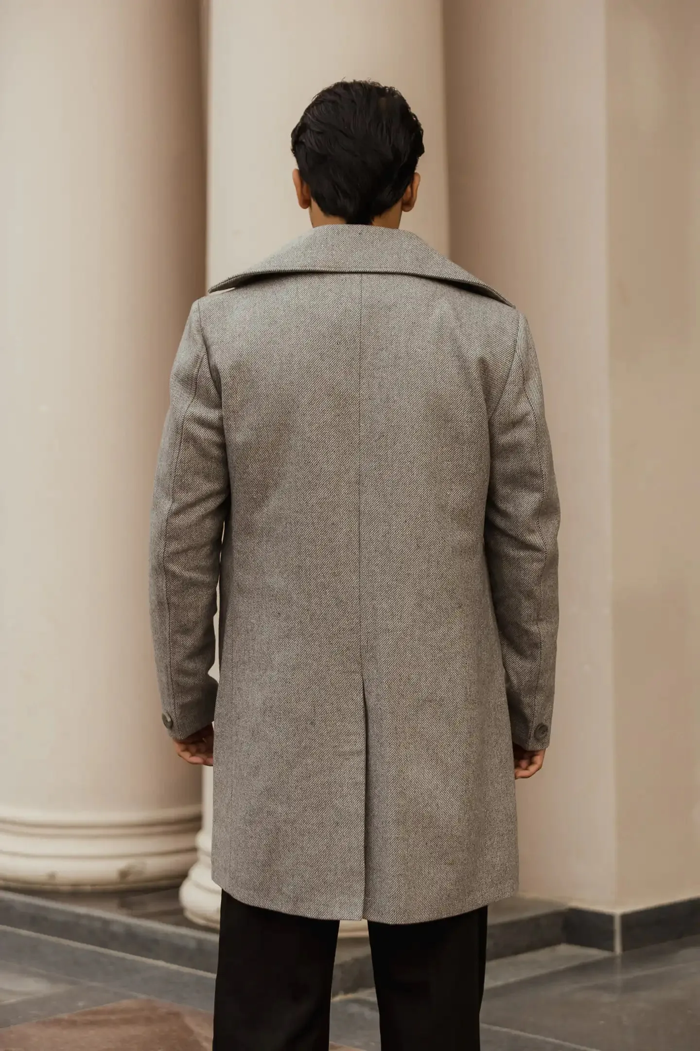 Men Long Coat Herringbone Weave