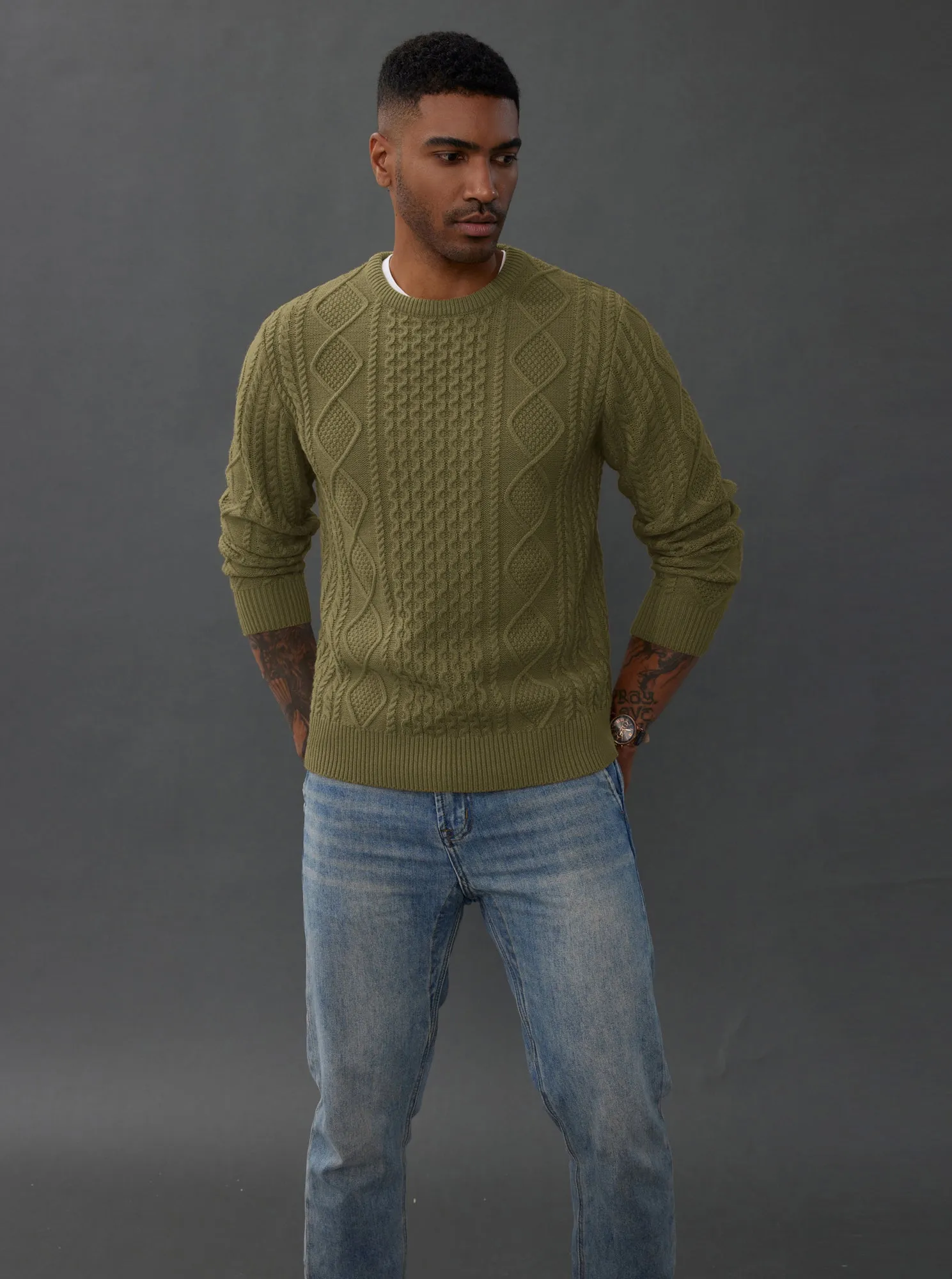 Men's Cable Knit Pullover Long Sleeve Ribbed Knit Pullover Regular Fit Crew Neck Jumper Sweater