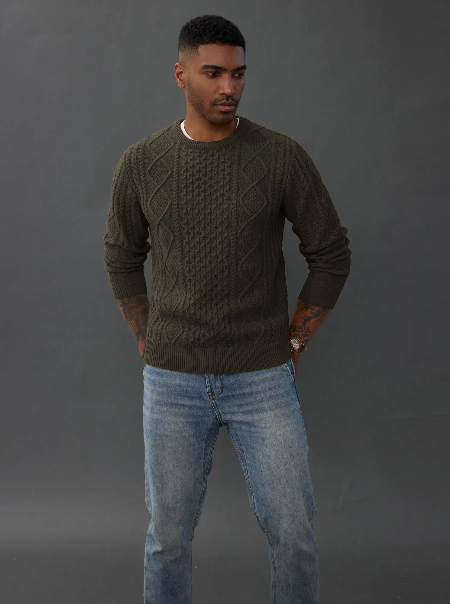 Men's Cable Knit Pullover Long Sleeve Ribbed Knit Pullover Regular Fit Crew Neck Jumper Sweater