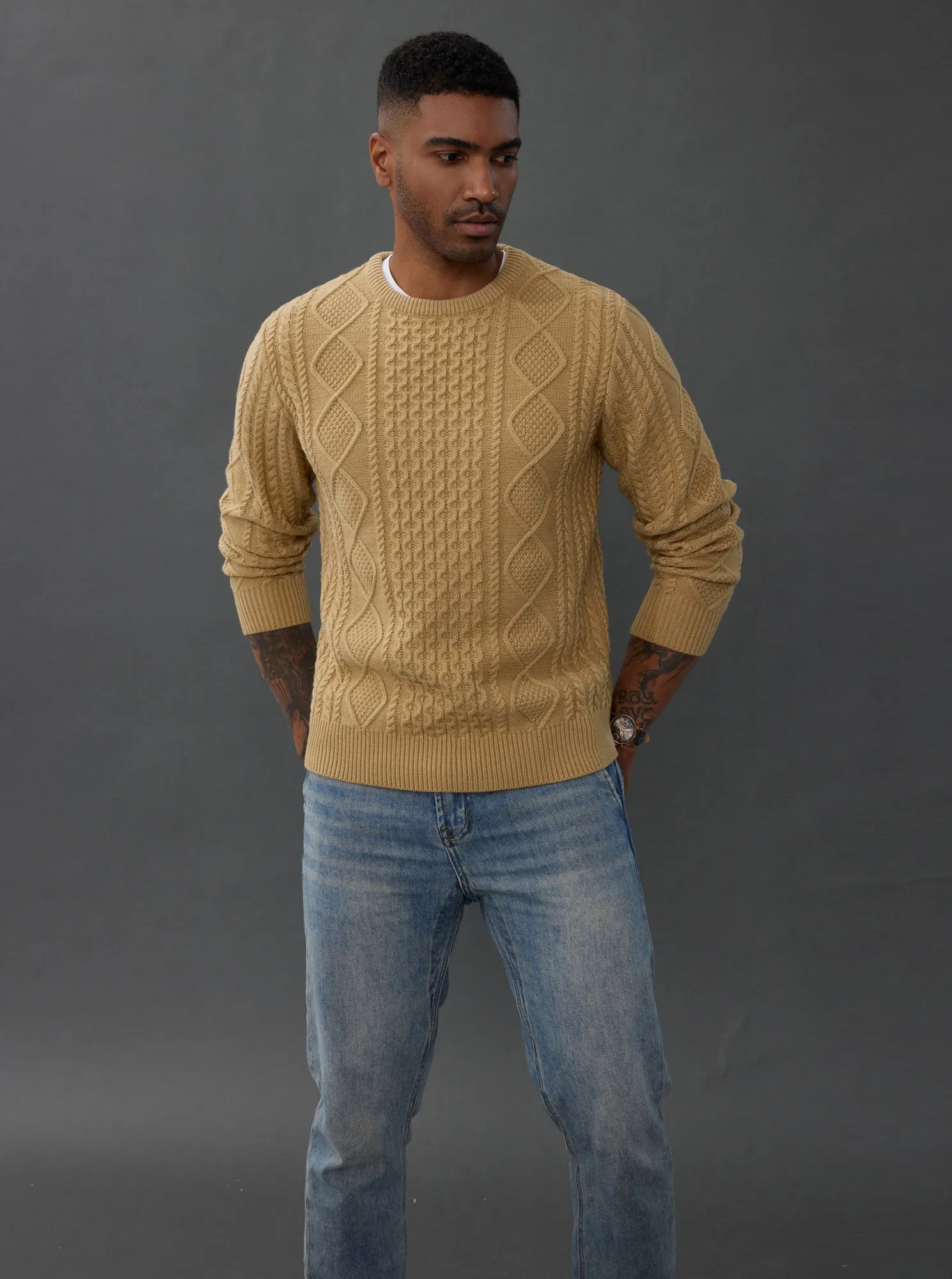 Men's Cable Knit Pullover Long Sleeve Ribbed Knit Pullover Regular Fit Crew Neck Jumper Sweater