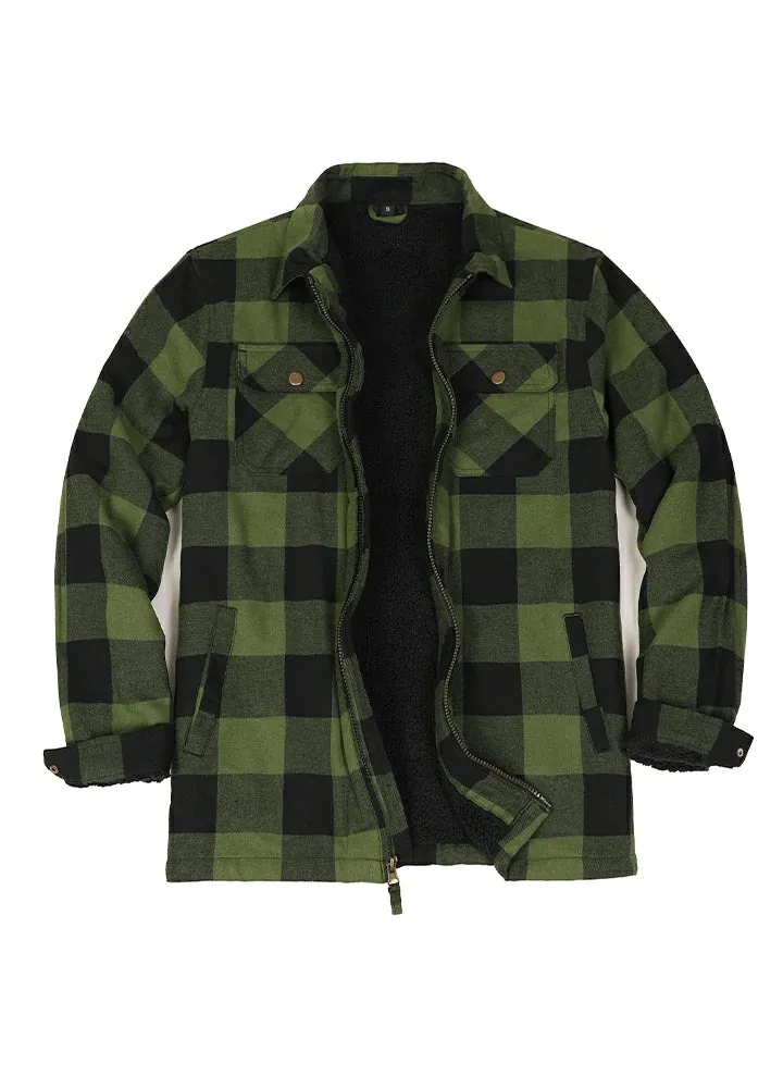 Men's Warm Sherpa Fleece Lined Full Zip Up Plaid Flannel Shirt Jacket