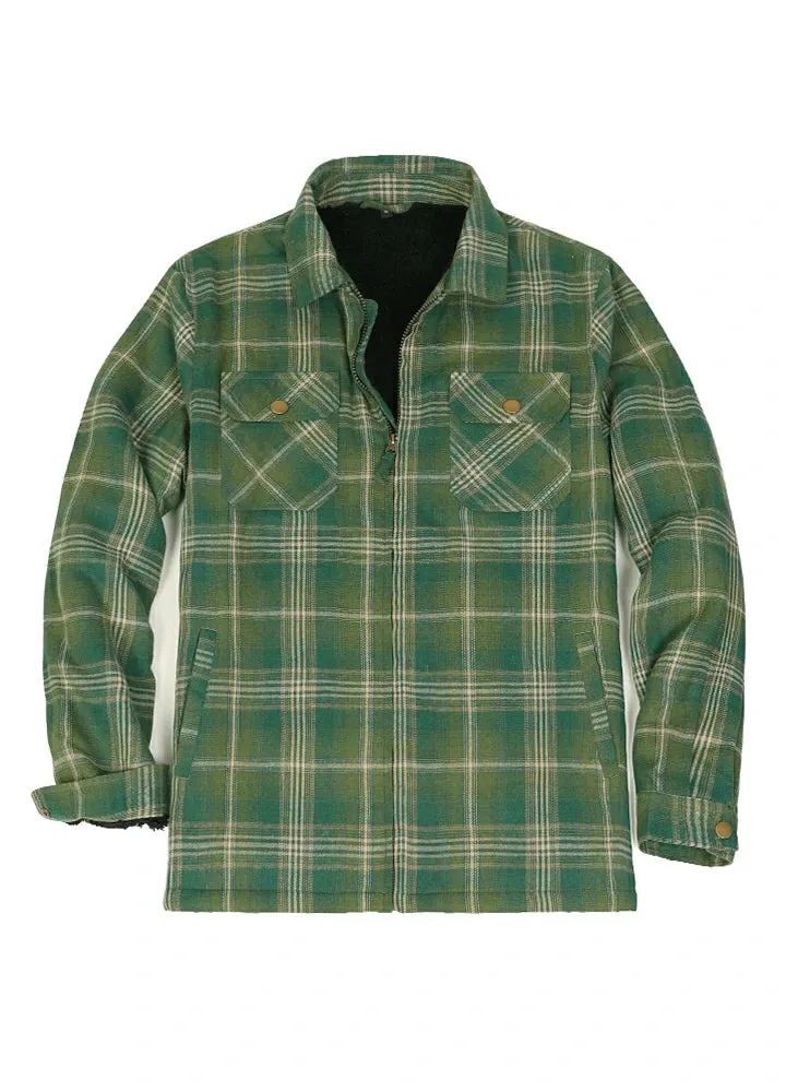 Men's Warm Sherpa Fleece Lined Full Zip Up Plaid Flannel Shirt Jacket