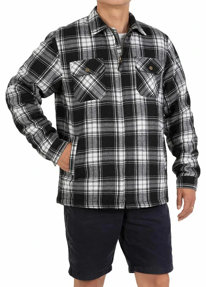 Men's Warm Sherpa Fleece Lined Full Zip Up Plaid Flannel Shirt Jacket