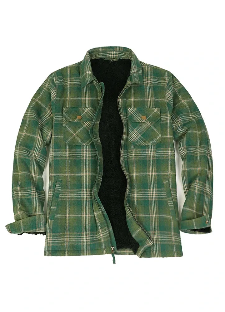 Men's Warm Sherpa Fleece Lined Full Zip Up Plaid Flannel Shirt Jacket