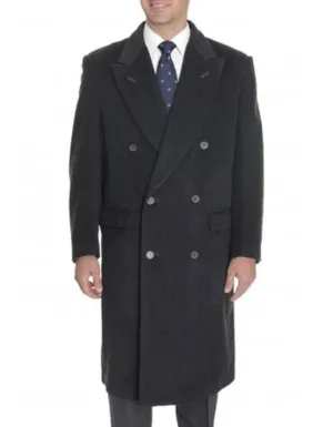 Men's Wool Blend Double Breasted Full Length Dark Charcoal Grey Top Coat