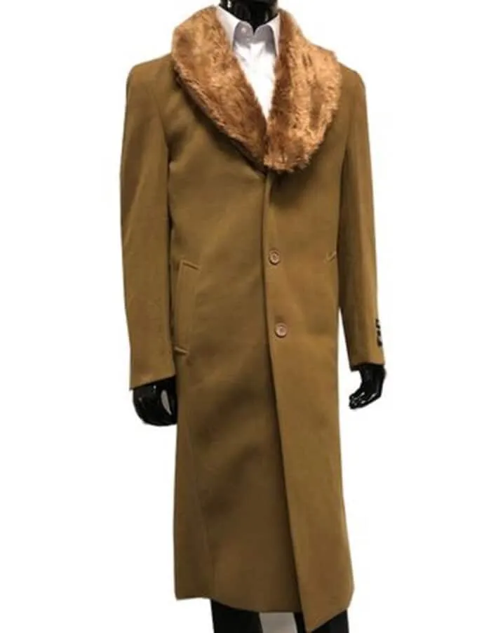 Mens Wool mens Overcoat With Fur Collar Full Length 48 Inches Camel