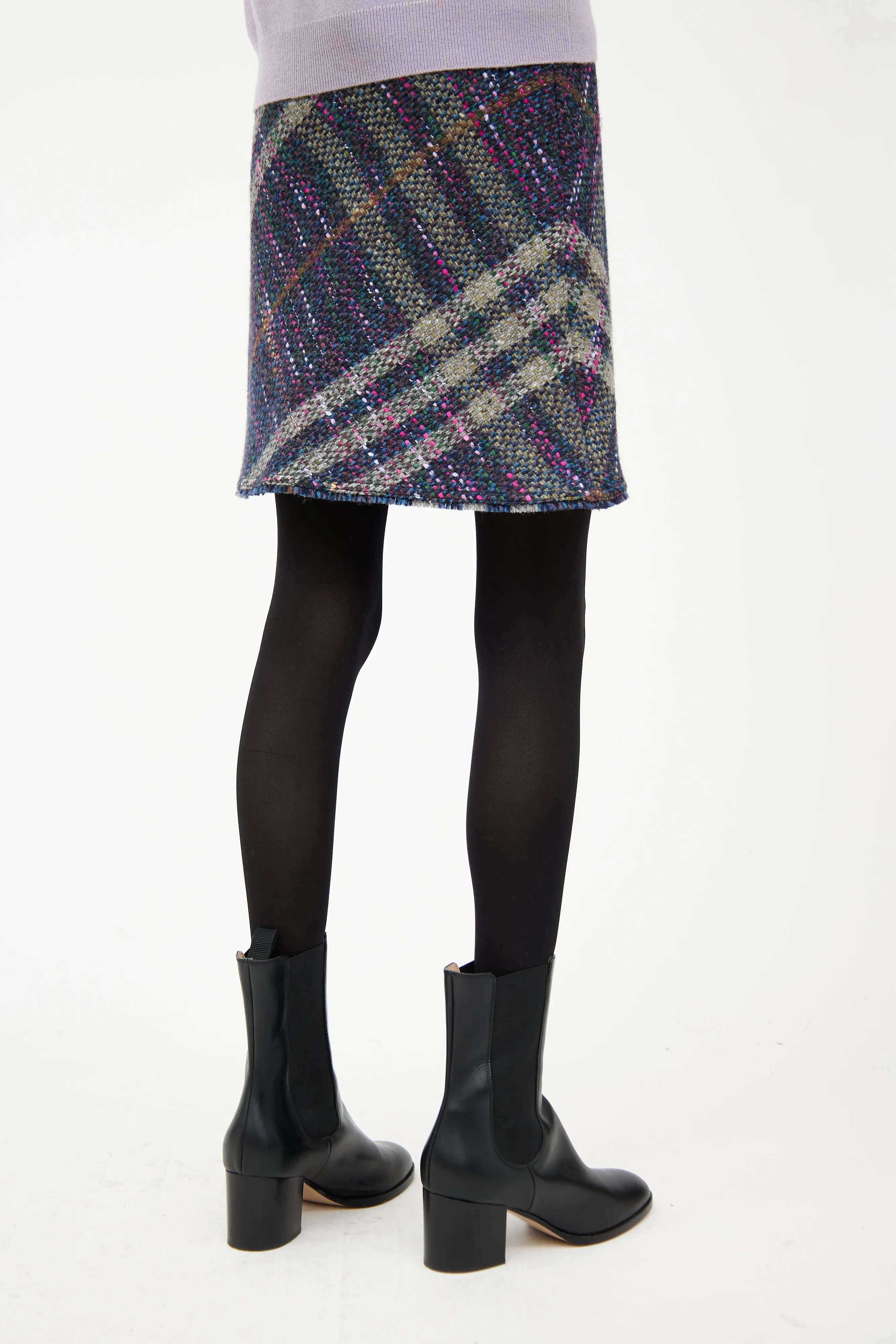 Navy & Multi Plaid Tweed Mini Skirt