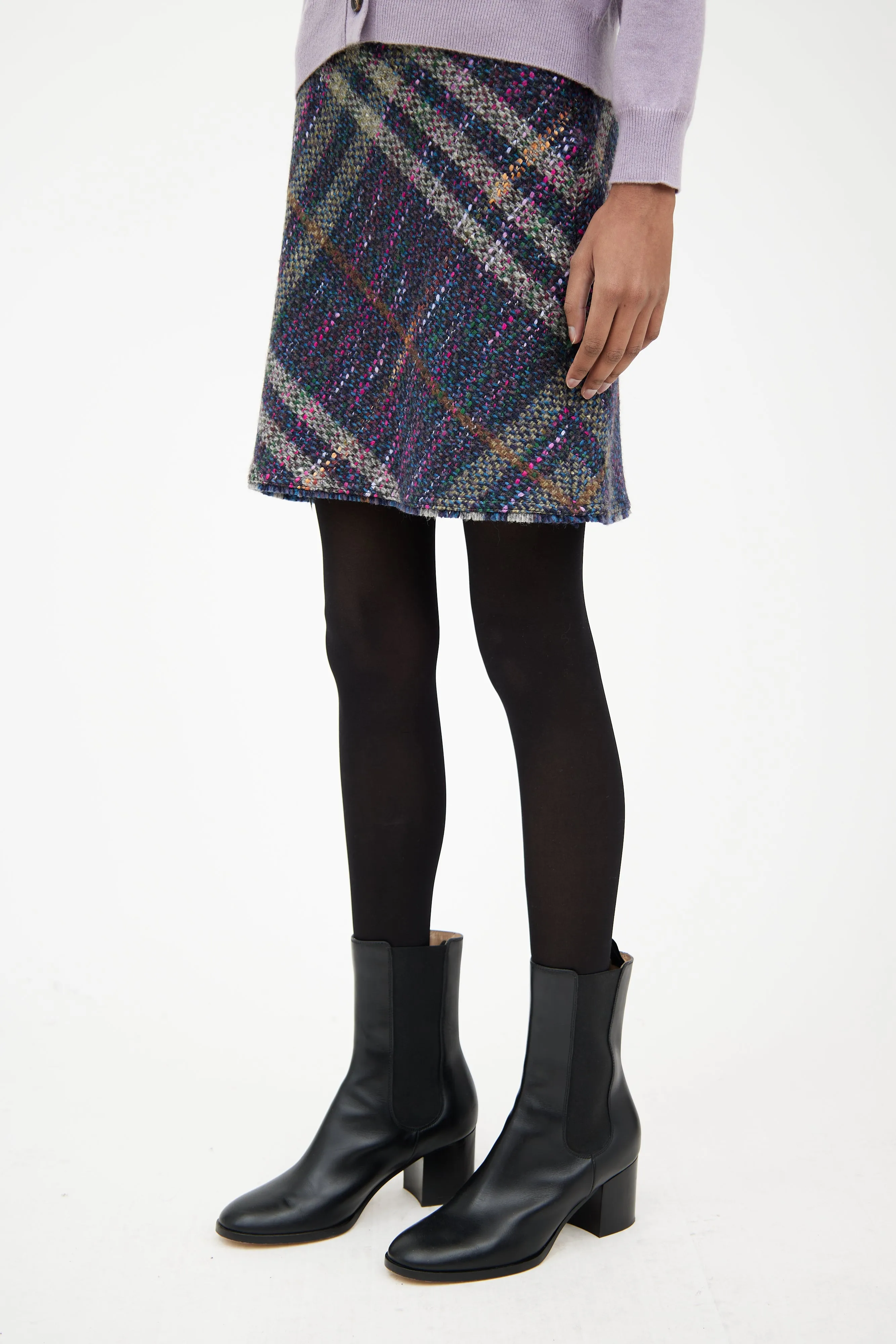 Navy & Multi Plaid Tweed Mini Skirt