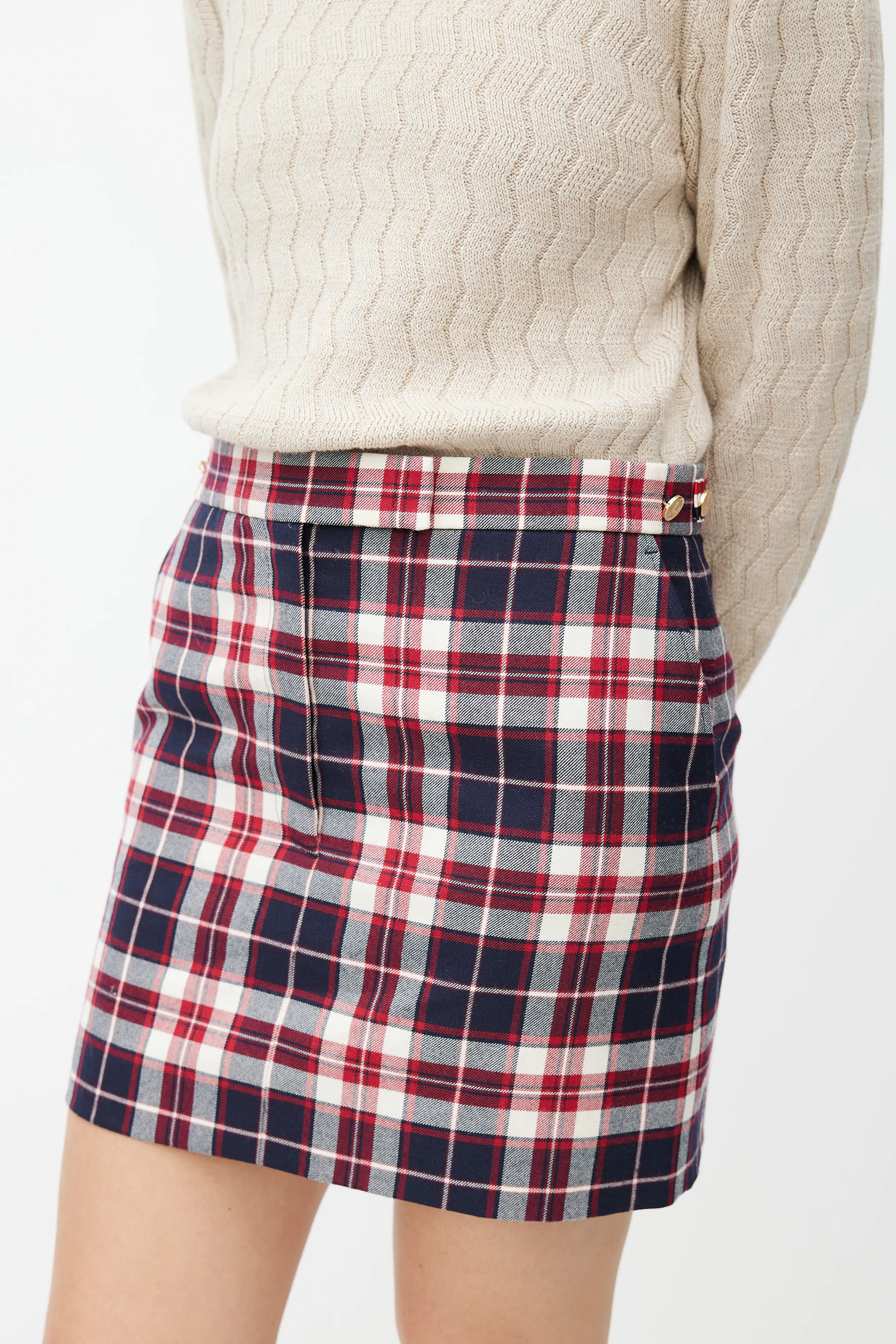 Navy & Red Plaid Wool Mini Skirt