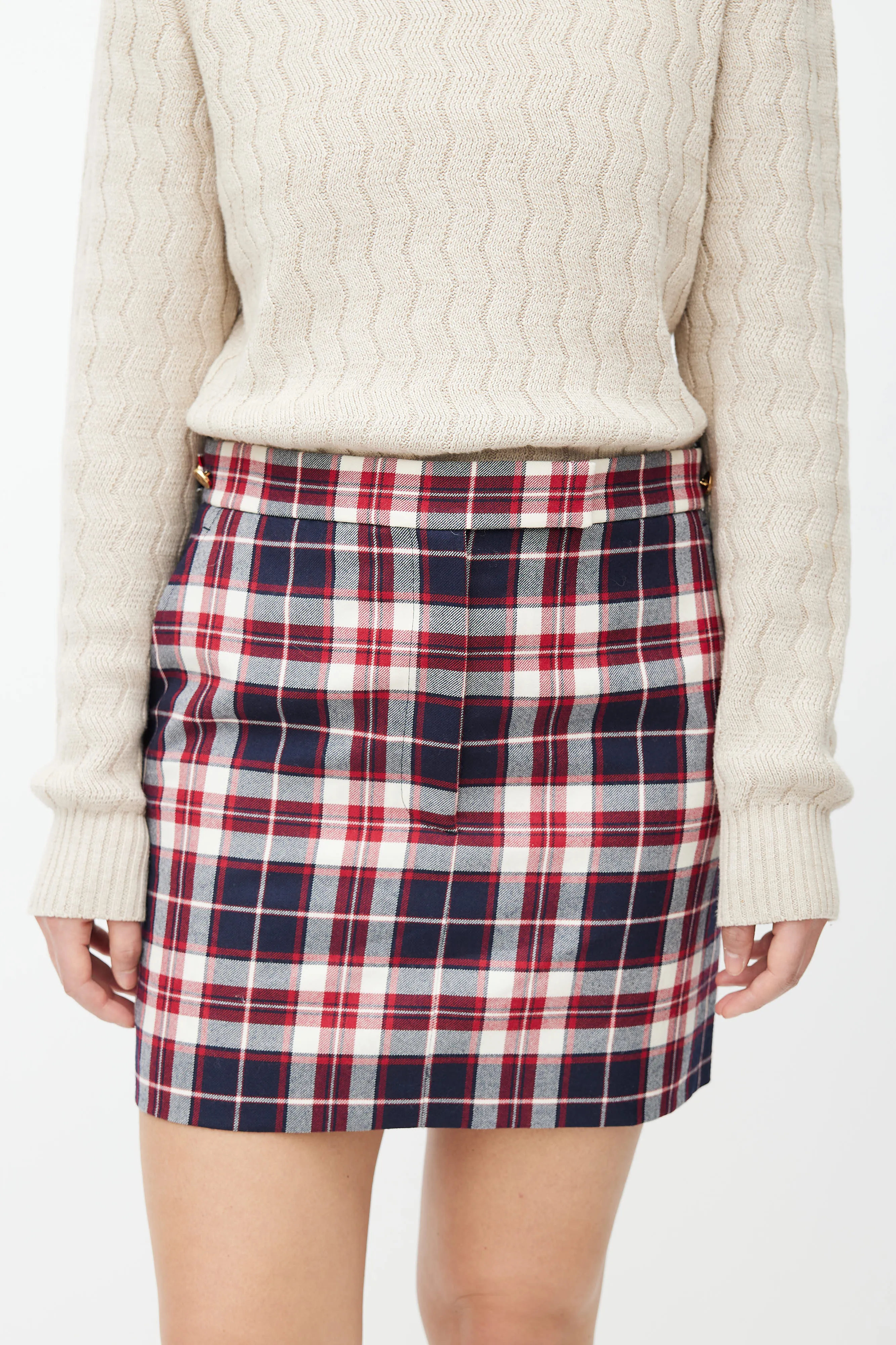 Navy & Red Plaid Wool Mini Skirt