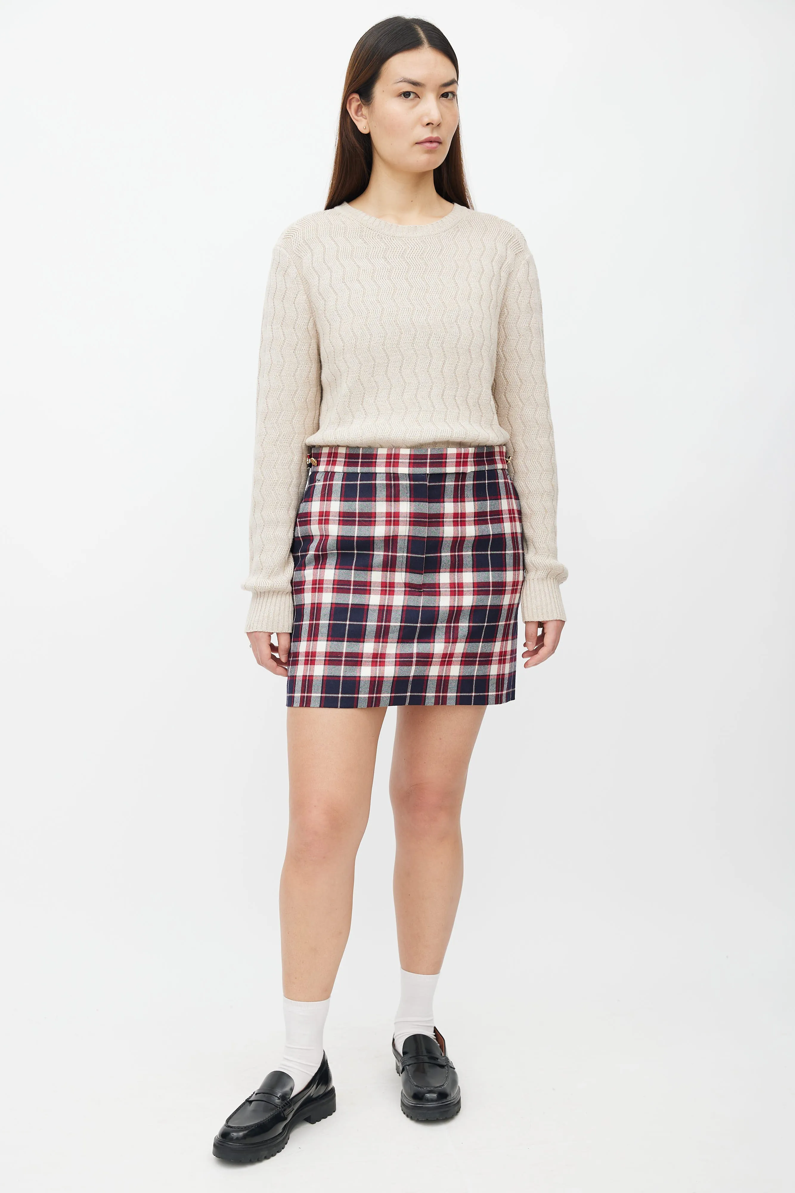 Navy & Red Plaid Wool Mini Skirt