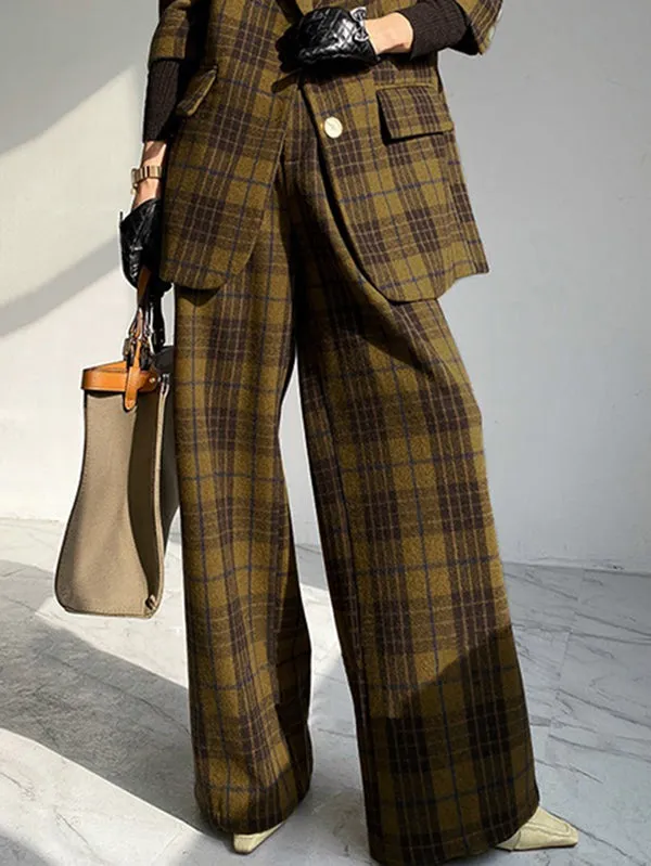 Plaid Split-Joint High Waisted Loose Trousers Pants