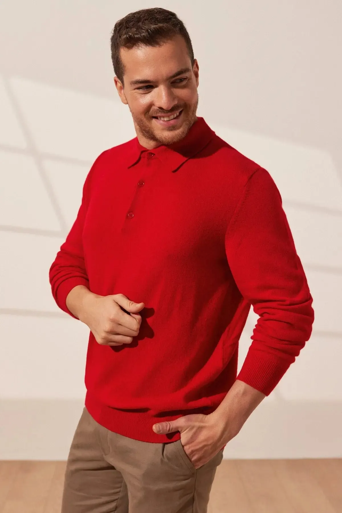 Red Pure Cashmere Polo Neck Men's Sweater