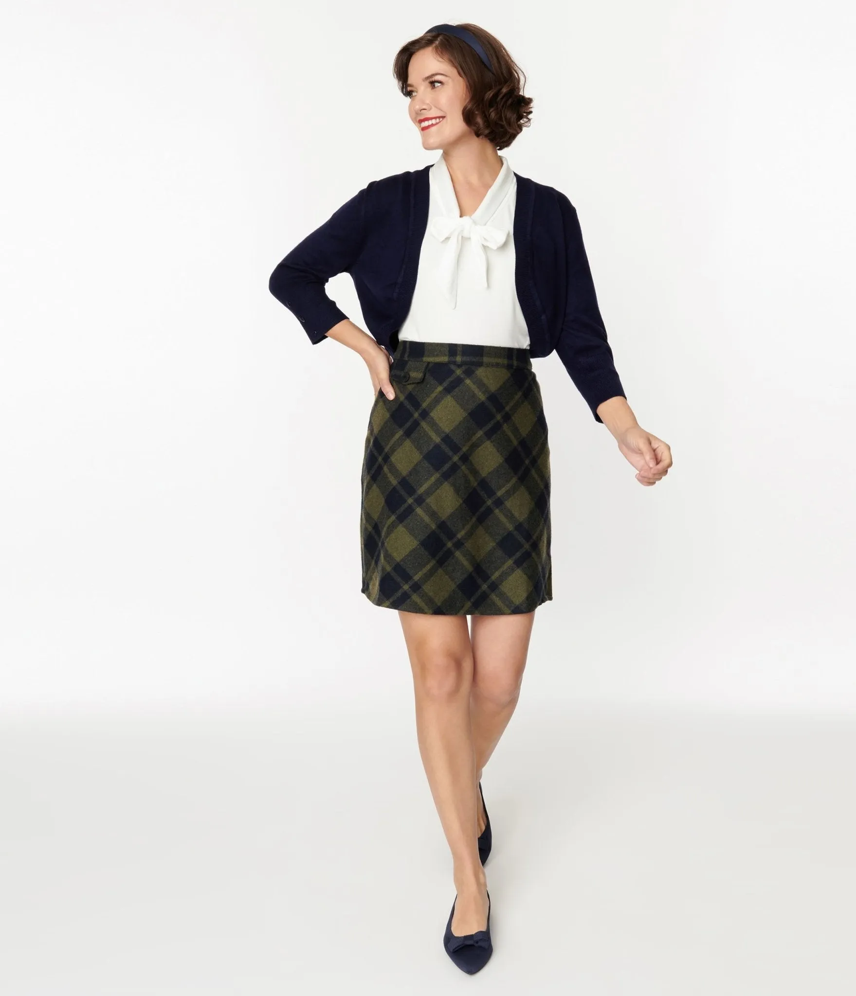 Sage Green & Navy Plaid Mini Skirt