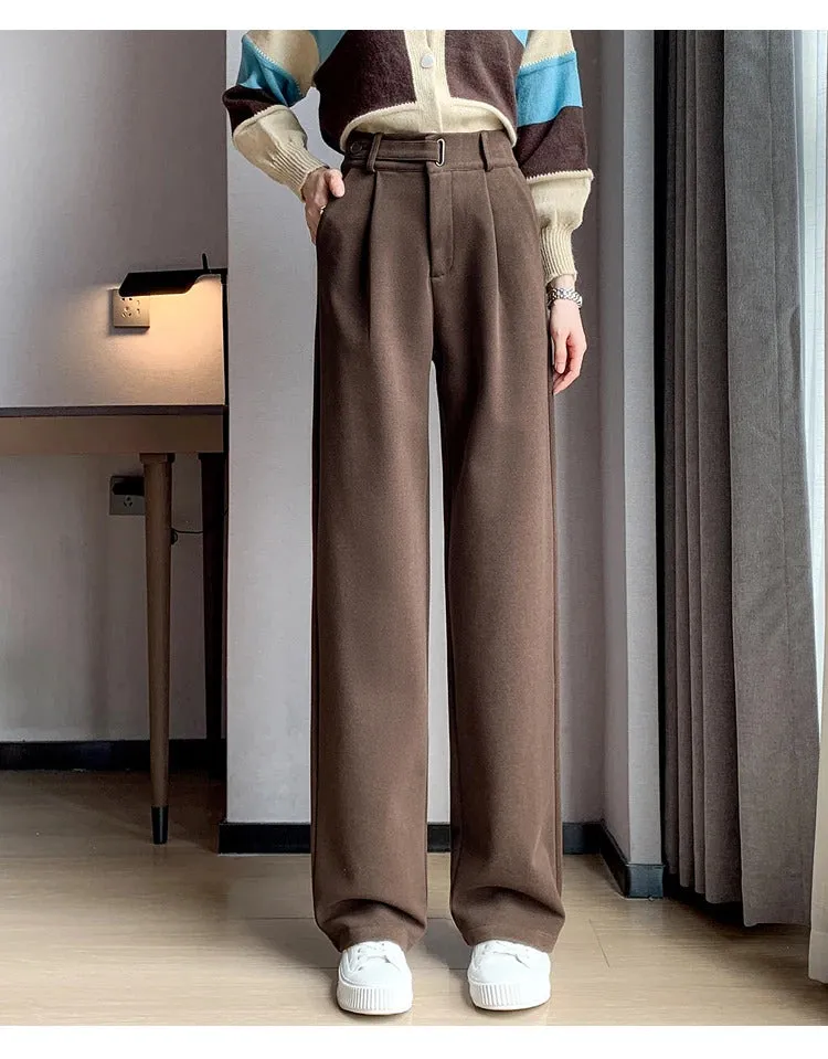 Seoulish Autumn Winter Thicken Woolen Casual Loose Full Length Pants 2023 New Button High Waist Chic Wide Leg Trousers Female