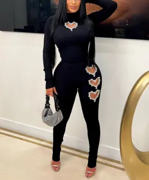 Sexy Black Knit 2 Piece Rhinestone Cutout Set