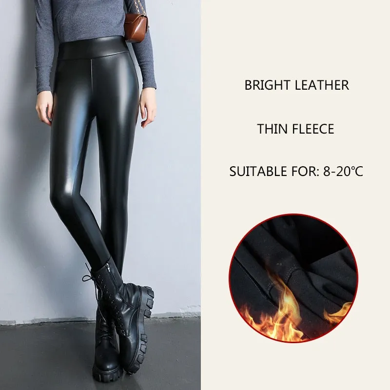 Spring New Thermal Leg Warm Women's Leggings Leather High Waist Fleece Velvet Black Tights Sexy PU Faux Female Pants