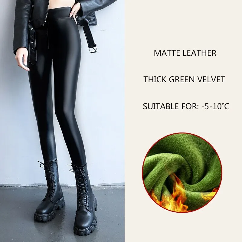 Spring New Thermal Leg Warm Women's Leggings Leather High Waist Fleece Velvet Black Tights Sexy PU Faux Female Pants