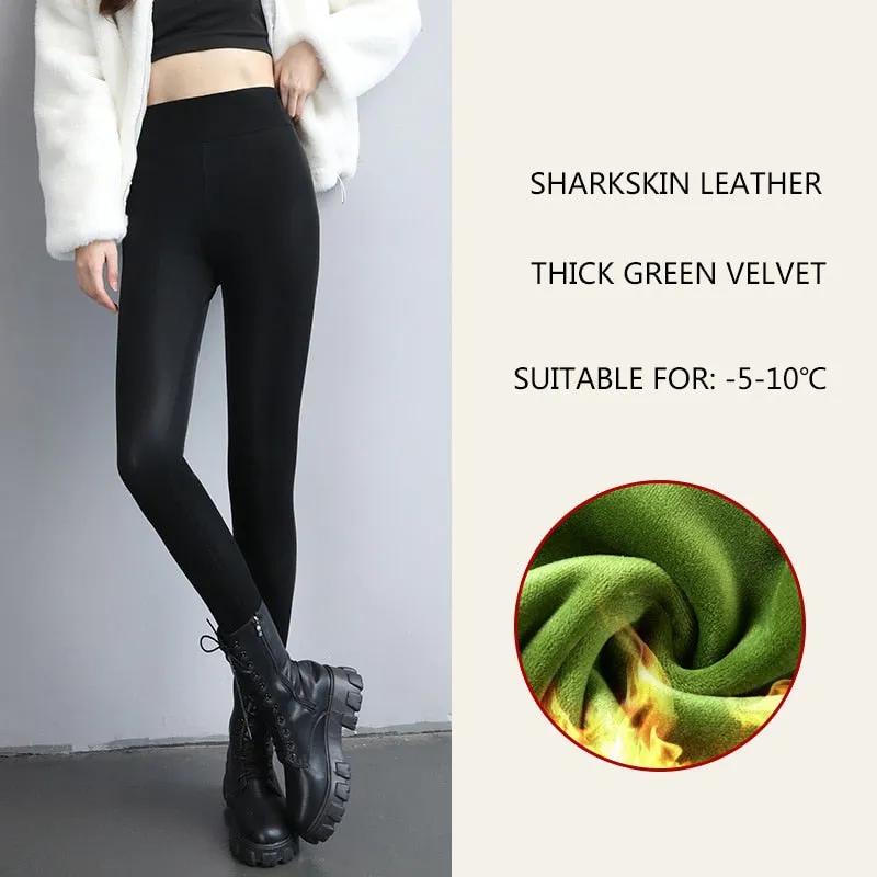 Spring New Thermal Leg Warm Women's Leggings Leather High Waist Fleece Velvet Black Tights Sexy PU Faux Female Pants