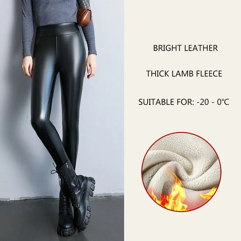 Spring New Thermal Leg Warm Women's Leggings Leather High Waist Fleece Velvet Black Tights Sexy PU Faux Female Pants