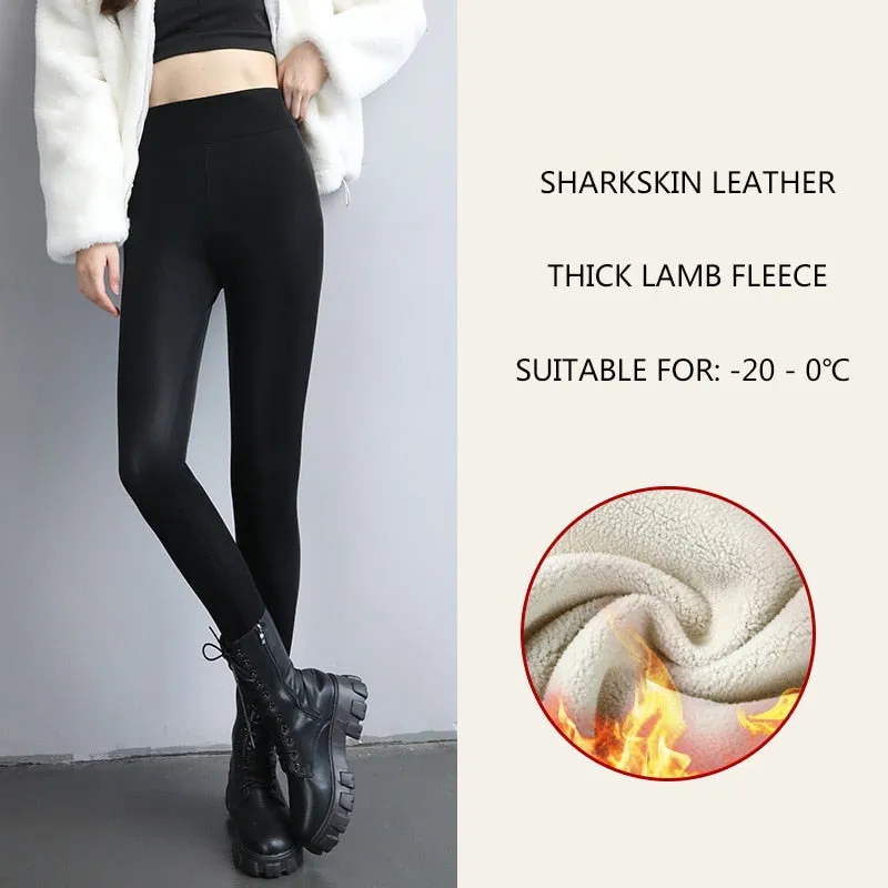 Spring New Thermal Leg Warm Women's Leggings Leather High Waist Fleece Velvet Black Tights Sexy PU Faux Female Pants