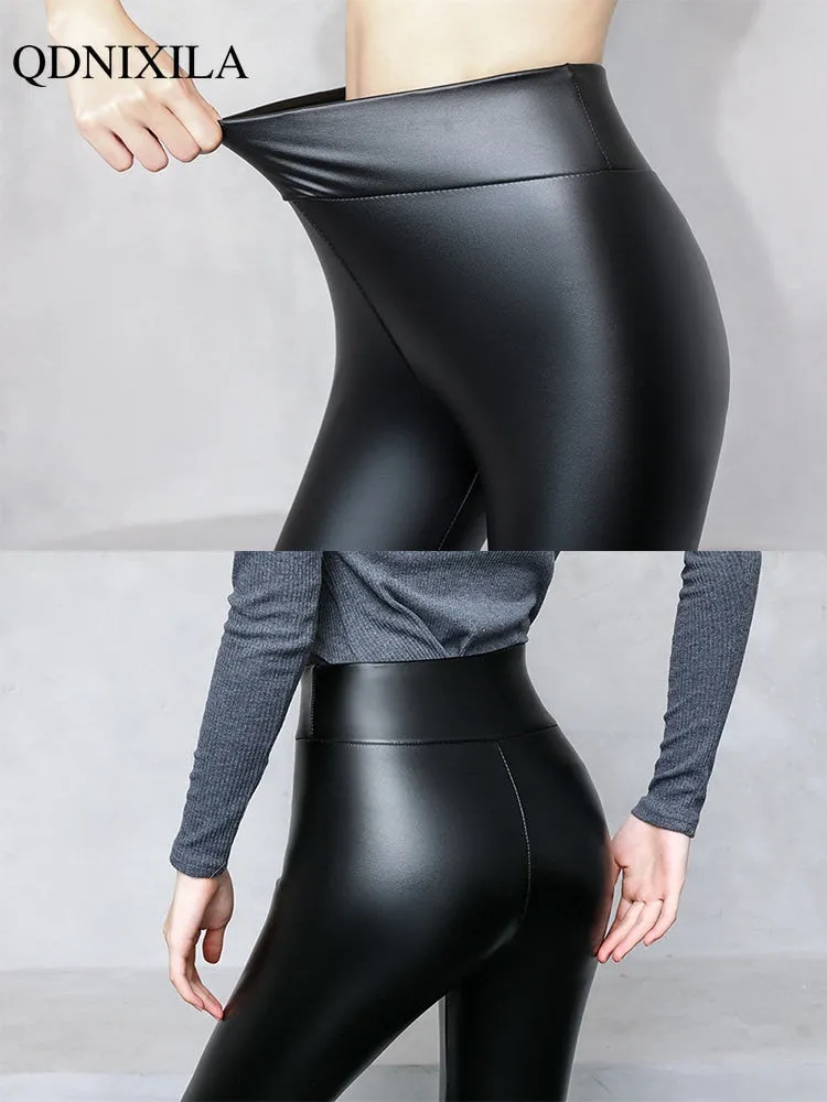 Spring New Thermal Leg Warm Women's Leggings Leather High Waist Fleece Velvet Black Tights Sexy PU Faux Female Pants