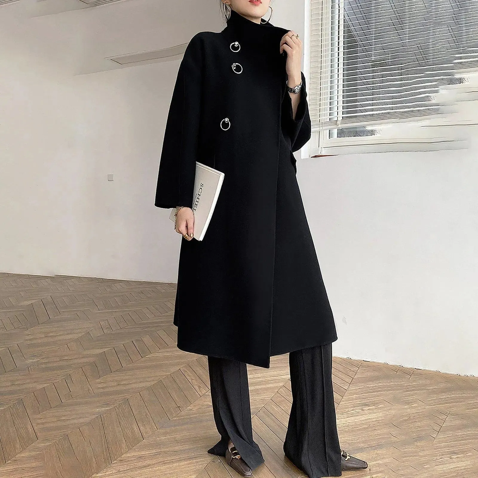 Stand Collar Hoop Loose Wrap Wool Blend Coat