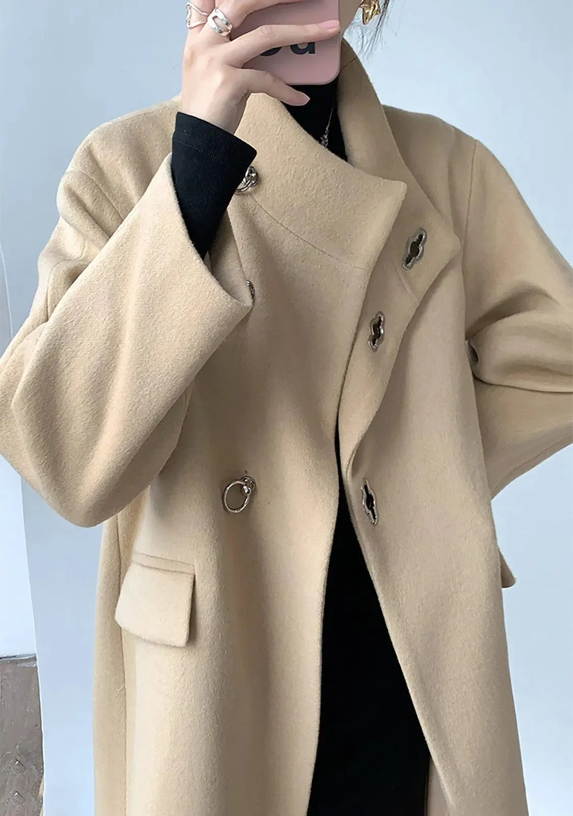 Stand Collar Hoop Loose Wrap Wool Blend Coat